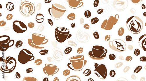 Seamless pattern with coffee cups and beans on a white background.