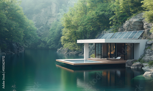 3D rendering of an eco-friendly house on the shore, with solar panels and greenery around it. The exterior is made from wood planks, while inside there's sleek furniture and modern decor
