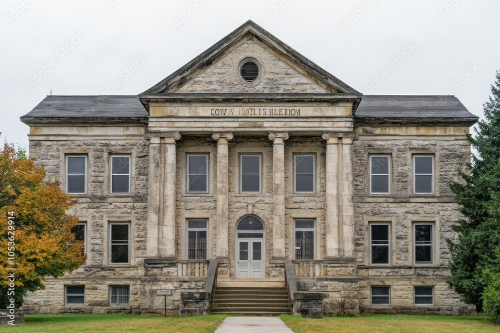 Obraz premium Historic stone building with columns and steps, likely a former courthouse or public building.
