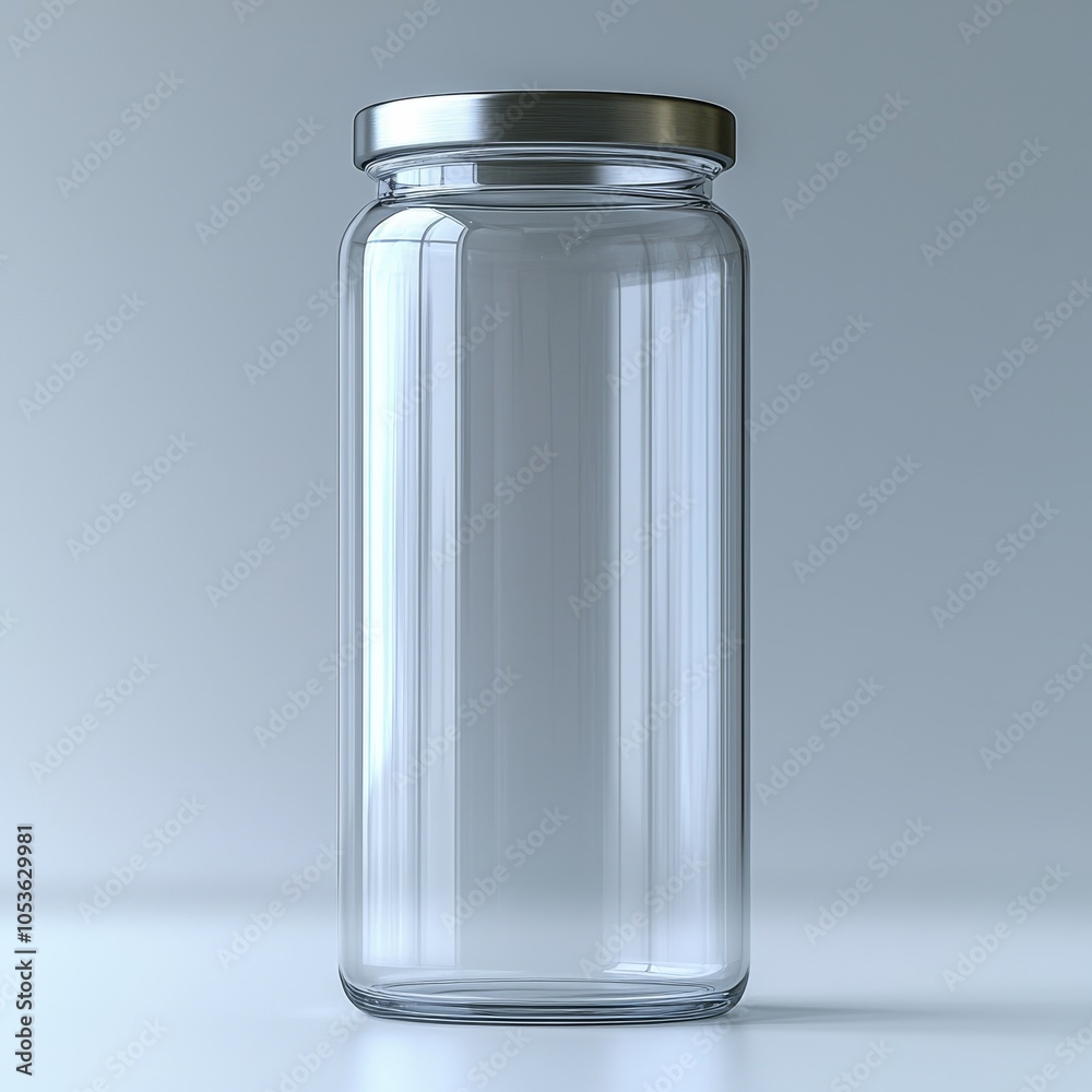 Minimalist empty glass jar with metallic lid on subtle background Minimalist empty glass jar with metallic lid on subtle background