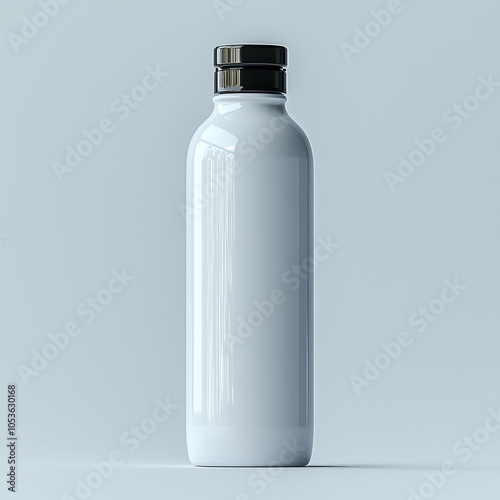 Minimalist white bottle with black cap on light background