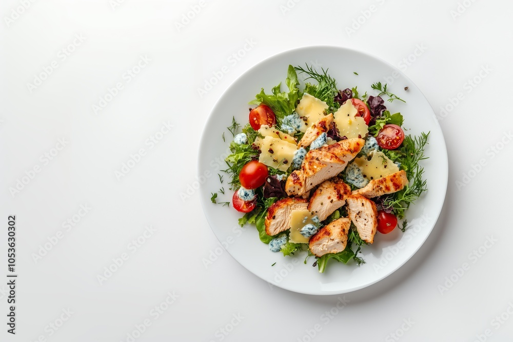 Grilled chicken salad with fresh greens, cherry tomatoes, and blue cheese dressing on a simple white plate Grilled chicken salad with fresh greens, cherry tomatoes, and blue cheese dressing on a simple white plate