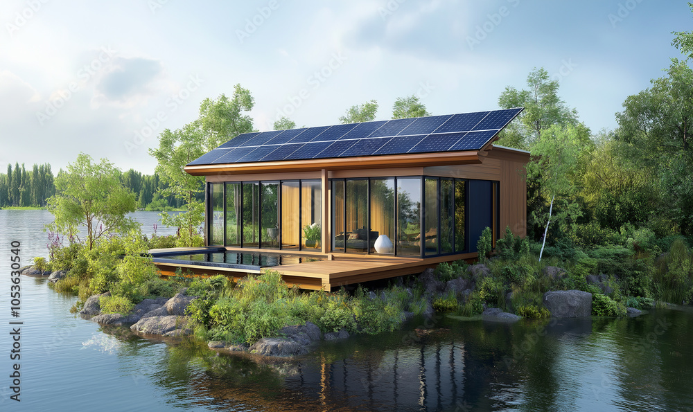 3D rendering of an eco-friendly house on the shore, with solar panels and greenery around it. The exterior is made from wood planks, while inside there's sleek furniture and modern decor 3D rendering of an eco-friendly house on the shore, with solar panels and greenery around it. The exterior is made from wood planks, while inside there's sleek furniture and modern decor