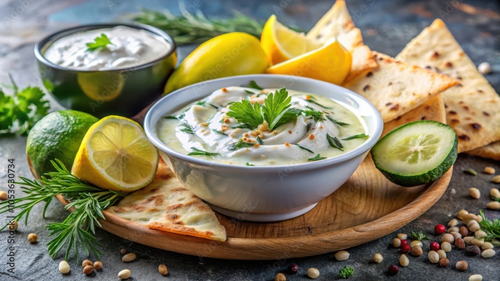 Traditional Greek Tzatziki Dip Sauce with Cucumber, Lemon, Dill, Olive Oil on Za'atar Pita Bread Traditional Greek Tzatziki Dip Sauce with Cucumber, Lemon, Dill, Olive Oil on Za'atar Pita Bread