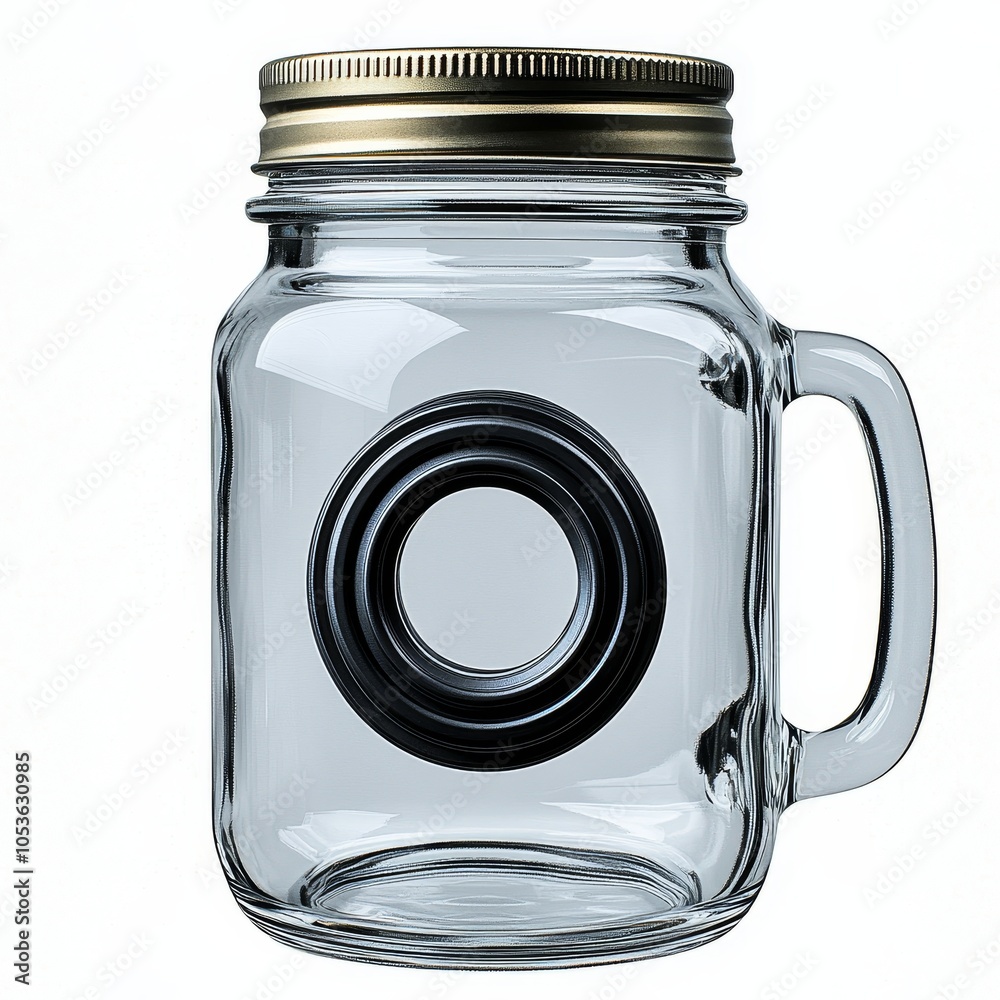 Transparent glass mason jar with lid and handle isolated on white background