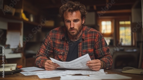 A man in a plaid shirt examines paperwork in a dimly lit room.