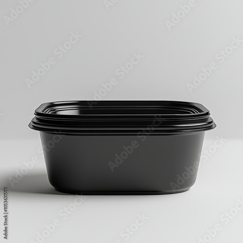 Reusable black plastic food container on minimalist background photo