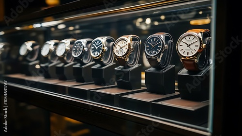 An upscale watch collection presented in a glass case, with ambient lighting creating a luxurious atmosphere that highlights the beauty of each wristwatch