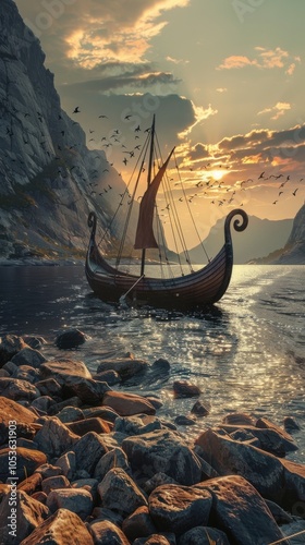 Viking ship approaching rocky shores at dawn, 4K hyperrealistic photo