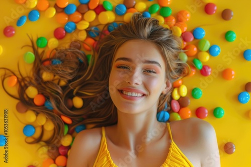 A woman relaxing in a colorful pile of candy, great for lifestyle or food related themes photo