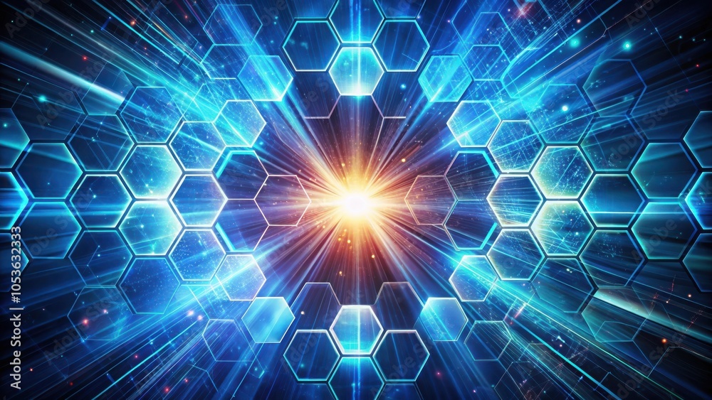 Fototapeta premium Futuristic 5G Technology Hexagon Pattern Perspective Background with Light explosion
