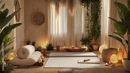 A cozy yoga nook with a yoga mat rolled out and various accessories like a bolster and straps, accompanied by natural elements such as plants and soft lighting