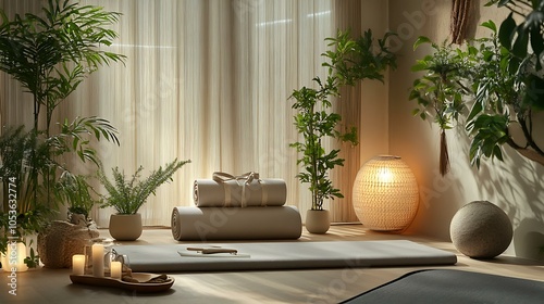 A cozy yoga nook with a yoga mat rolled out and various accessories like a bolster and straps, accompanied by natural elements such as plants and soft lighting photo