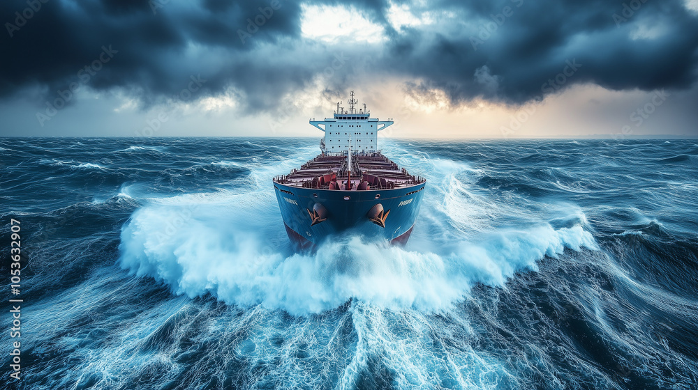 Massive Cargo Ship Battling Rough Ocean Waters Under Dark Skies Massive Cargo Ship Battling Rough Ocean Waters Under Dark Skies