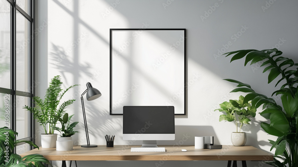 Fototapeta premium Bright Office Workspace With Greenery Blank Frame And Desktop Computer