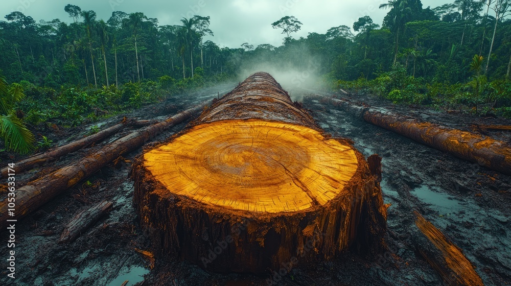 Fototapeta premium A Cut Tree Trunk in a Deforested Rainforest