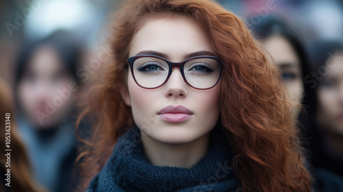 Portrait Of Woman With Red Hair And Glasses Urban Setting