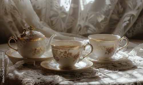 Vintage tea set arranged on a lace tablecloth, afternoon tea elegance 4K hyperrealistic photo.