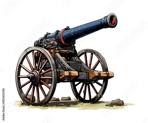 Vector illustration of an antique cannon with wooden wheels, great for historical, military, or vintage-themed artwork. Generative AI.
