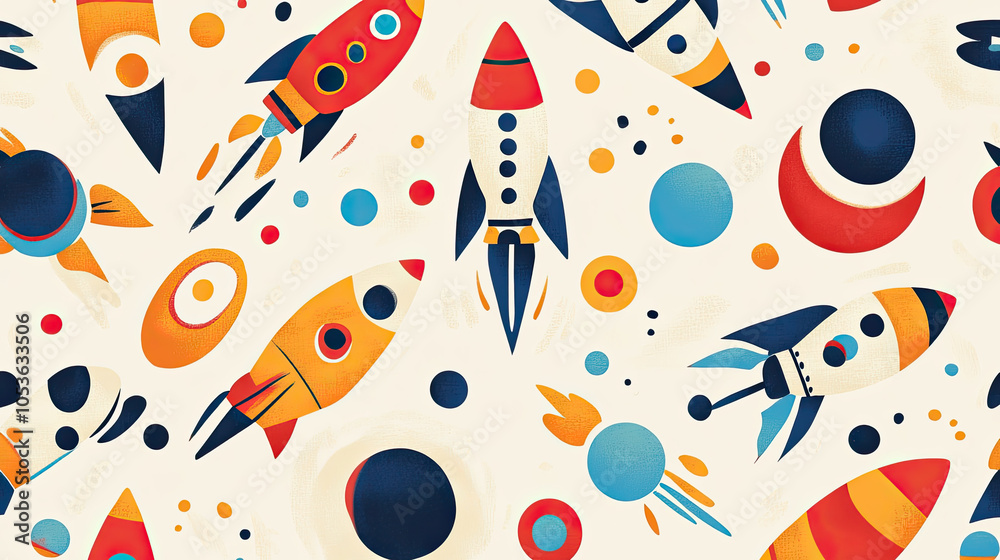 Playful rockets in vibrant, abstract pattern evoke sense of adventure Playful rockets in vibrant, abstract pattern evoke sense of adventure