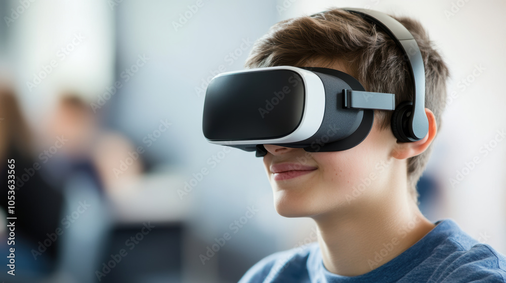Immersive learning experience with virtual reality headset in classroom Immersive learning experience with virtual reality headset in classroom