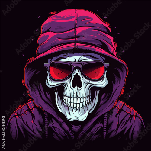 Vector illustration of a skeleton with purple hoodie and red sunglasses, creating a spooky yet stylish appearance. Generative AI.