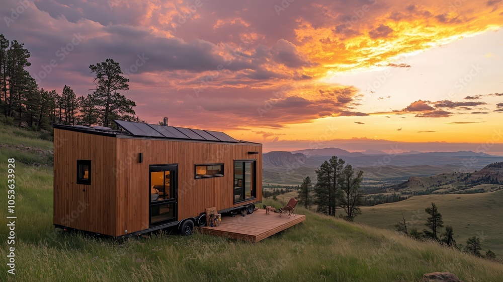 Tiny house solar panels scenic landscape sustainable design AI generated Tiny house solar panels scenic landscape sustainable design AI generated