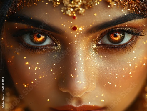 Enchanting eyes with golden sparkles highlighted by traditional jewelry photo