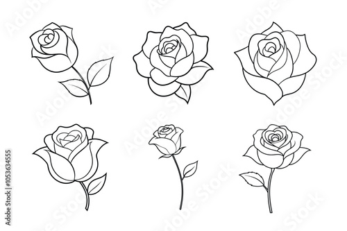 Elegant Roses Line Art Bundle – Single Rose, Rose Bud, Blooming Rose, and More Floral Elements photo