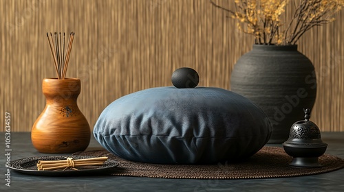 An elegant display of meditation accessories including a zafu cushion, a decorative bell, and incense, set against a backdrop of natural materials and soft light photo