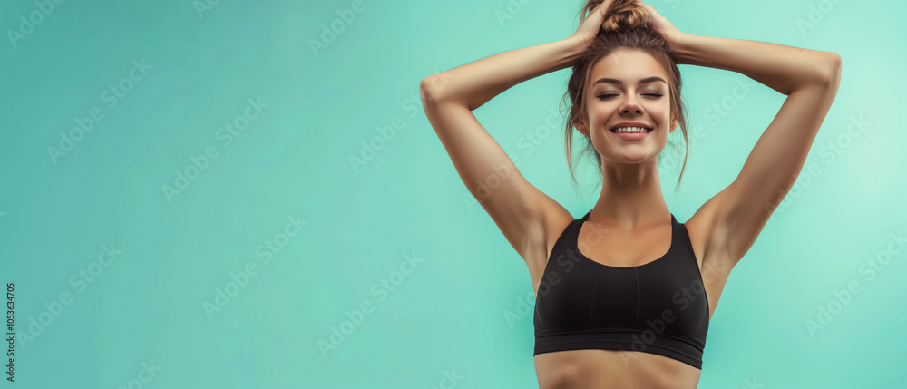 Fototapeta premium Close up of cute fit, athletic girl female, in sportswear on turquoise background. Fitness, workout concept. Body treatment. Generative ai