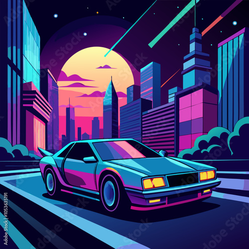 A retro-futuristic cityscape bathed in neon light, featuring a sleek sports car speeding through the streets. This vibrant illustration captures the energy and excitement of a bygone era.