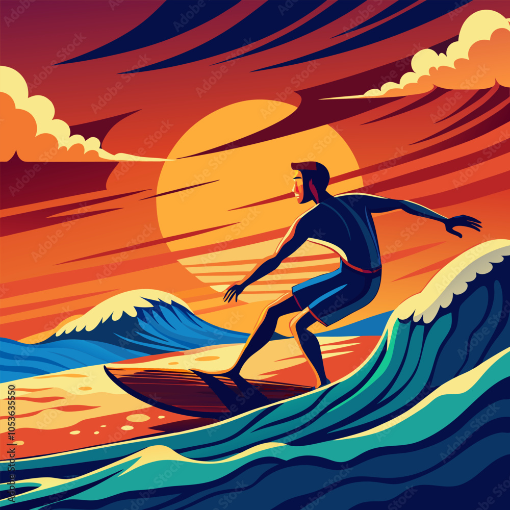 A vibrant illustration capturing a surfer riding a wave at sunset. The dynamic composition and bold colors convey the thrill and beauty of the sport.