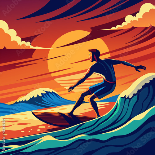 A vibrant illustration capturing a surfer riding a wave at sunset. The dynamic composition and bold colors convey the thrill and beauty of the sport.