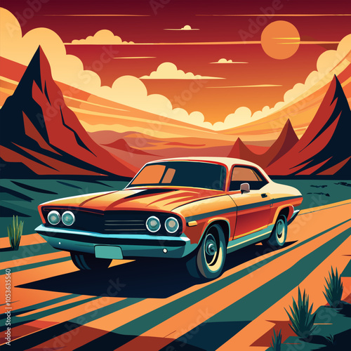 A vibrant illustration of a classic car cruising down a desert road at sunset, captured in a striking, flat style with bold colors and dynamic lines.