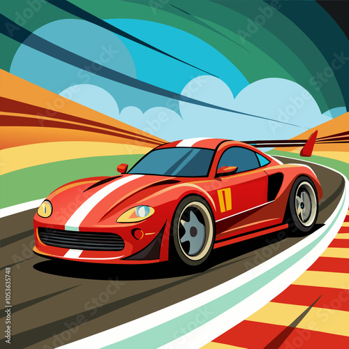 A vibrant illustration of a red race car speeding around a track, perfect for capturing the thrill of motorsport. This dynamic image is ideal for automotive branding, sports-themed projects.