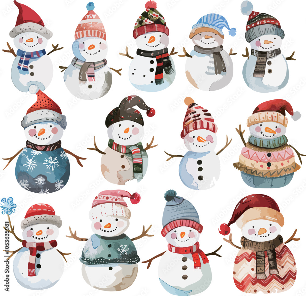 Watercolor illustration set of Snowman Watercolor illustration set of Snowman