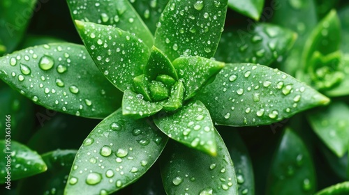 Closeup macro shot of water droplets glistening on the leaves of drought tolerant eco friendly plants in a lush green garden The deep depth of field creates a blurred