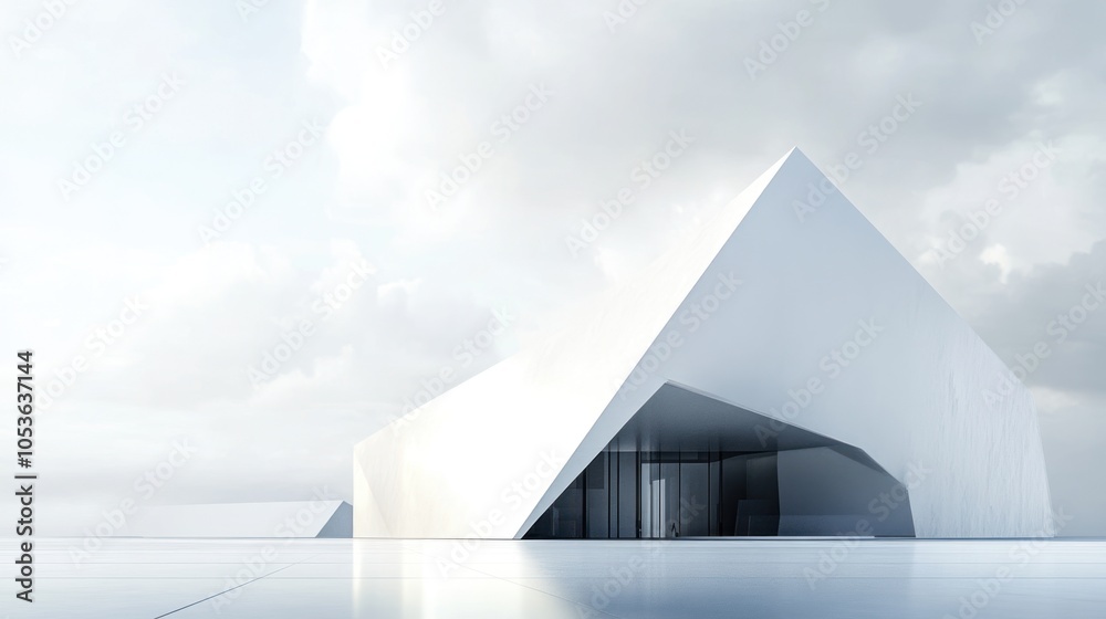 A modern architectural structure with angular shapes and a minimalist design against a cloudy sky. A modern architectural structure with angular shapes and a minimalist design against a cloudy sky.
