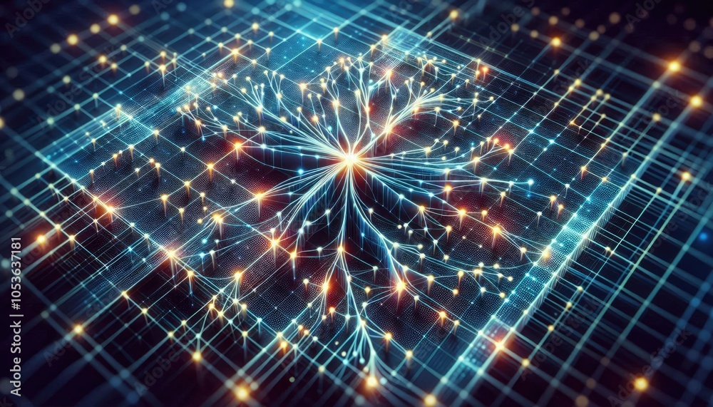 Neural Network Grid with Glowing Connections - Deep Learning Data Transmission and AI Processing Concept, Futuristic Digital Design, No People Neural Network Grid with Glowing Connections - Deep Learning Data Transmission and AI Processing Concept, Futuristic Digital Design, No People