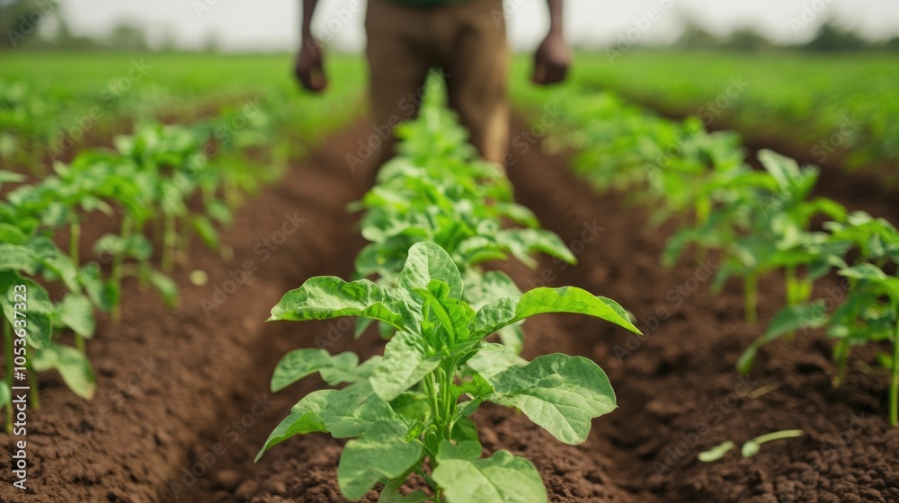 Obraz premium Farmer utilizing advanced drip irrigation system to cultivate crops in a lush verdant agricultural field