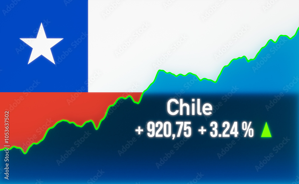 Obraz premium Chile stock market up. Rising chart with Chilean flag. Bull market, growth, stock market rally, positive trend, strong business, investment, trading, success.