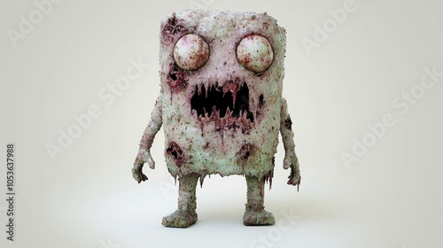 A 3D rendering of a cartoon monster with a rotting flesh, large eyes, and an open maw. photo