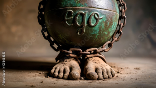 A chain is around a large green object with the word Ego written on it photo