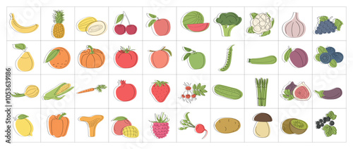 Set of fruits, vegetables and berries with vitamin C - flat vector illustration. Cartoon template for children's educational coloring books and packaging for juices and diet food.