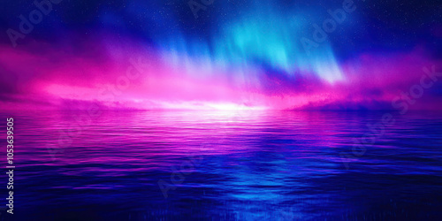 A beautiful blue and pink ocean with a purple sky