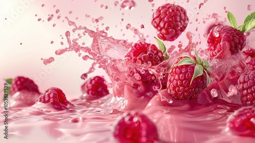 Fresh raspberry fruit with juice splash