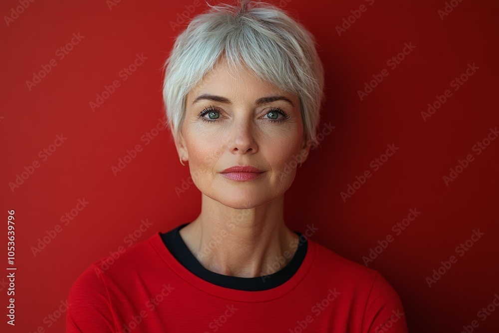Woman with short hair and a red shirt. She is smiling and looking at the camera. The red background adds a bold and vibrant touch to the image Woman with short hair and a red shirt. She is smiling and looking at the camera. The red background adds a bold and vibrant touch to the image