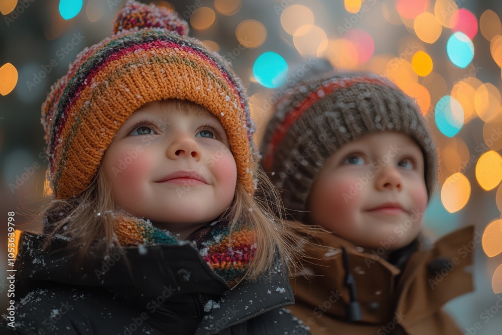 Joyful children in winter clothing admiring festive holiday lights outdoors Joyful children in winter clothing admiring festive holiday lights outdoors