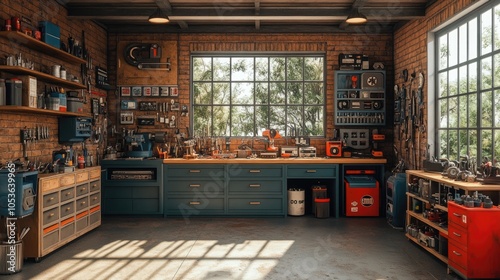 A cluttered, well-equipped workshop with a vintage aesthetic.